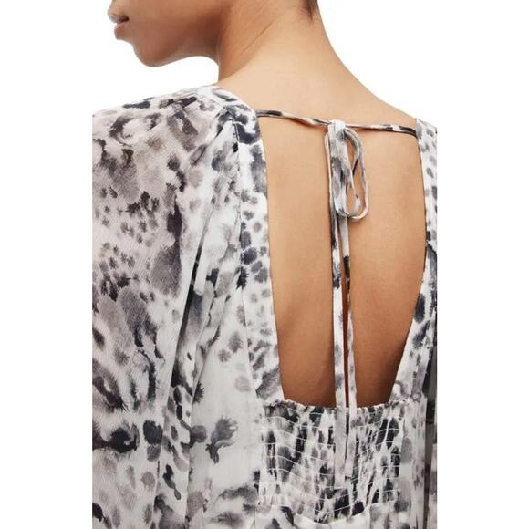 AllSaints Sanina Waktu Long Sleeve Mini Dress V-Neck Animal Print Size 2 NEW - Picture 4 of 11